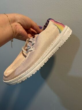 Hey Dude Women's Light Pink Slip-On Sneaker with Rainbow Heel Accent